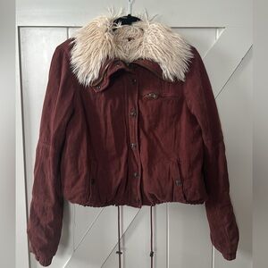 Free People Maroon Bomber Jacket with Cream Faux Fur Collar